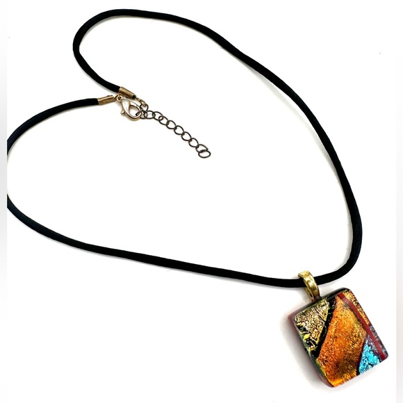 Dichroic Art Glass Pendant Necklace 21” Black Cord with Extender Handcrafted - Picture 4 of 8